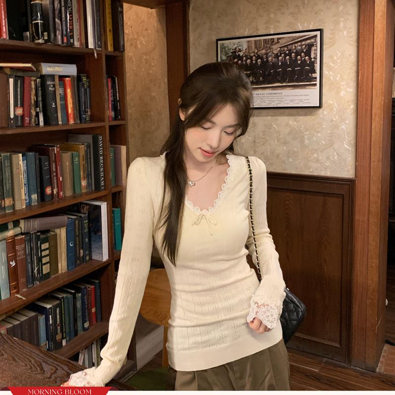 morning bloom针织衫女早秋氛围感穿搭蕾丝韩系v领长袖打底衫上衣