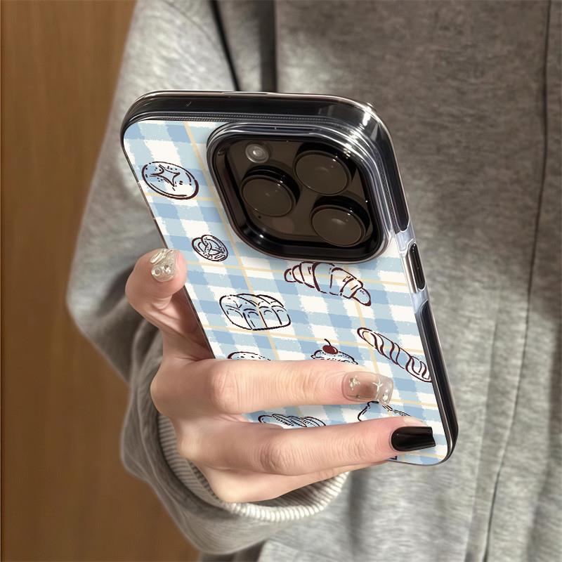 休闲ins格纹下午茶面包涂鸦适用于苹果16Promax手机壳iPhone 16外壳15Pro新款15软壳14防摔13女性12全包11套