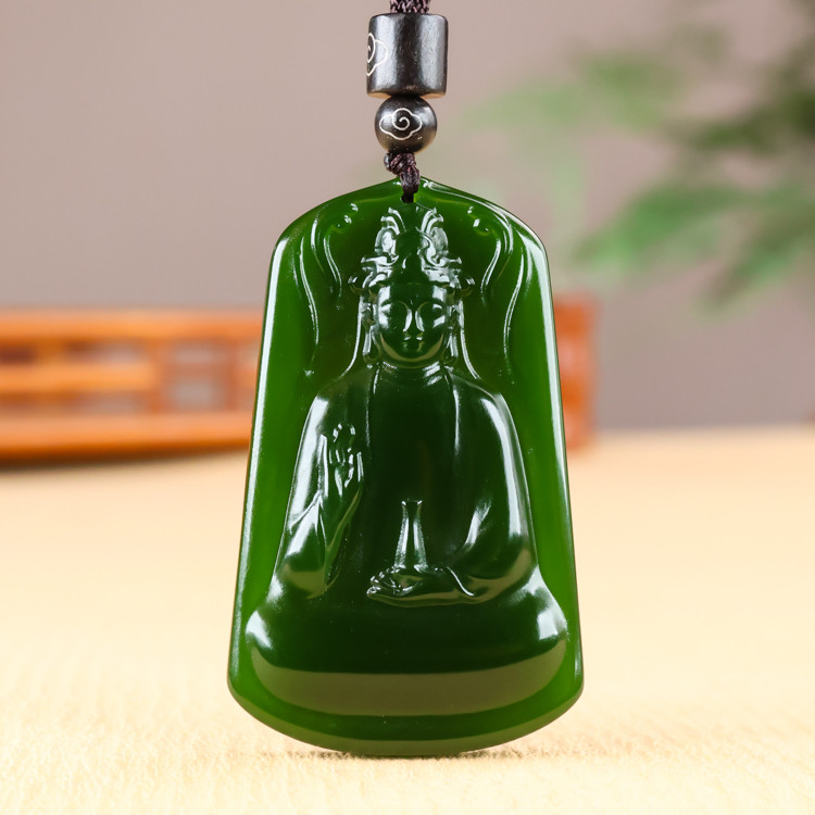 和田玉碧玉观音项链玉坠吊坠男女款玉石平安无事牌新疆菠菜绿碧玉