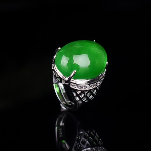 天然缅甸A货翡翠玉石925银镶嵌戒指翡翠蛋面男款戒指戒指活口指环