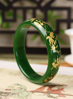 天然新疆和田玉碧玉手镯女款时尚菠菜绿玉石玉镯金玉满堂镶嵌镯子