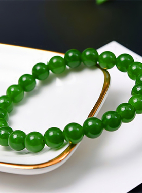 天然和田玉碧玉圆珠手链玉质油润菠菜绿碧玉女款玉石手链手串手镯