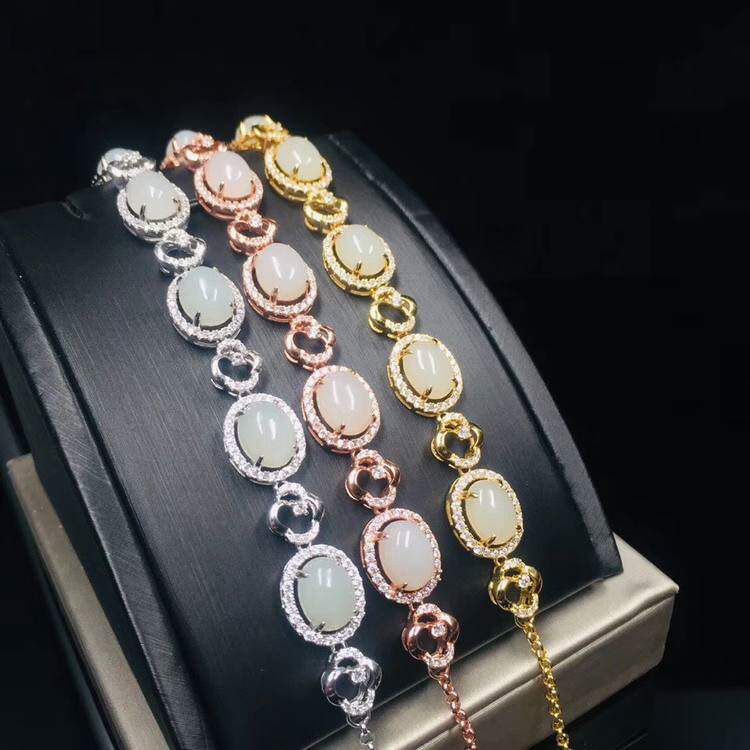 和田玉白玉手链天然玉石和田白玉镶嵌925银女款时尚手链手串