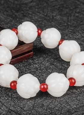 天然新疆和田玉羊脂白玉莲花手链男款女士玉石荷花手串手把菩提