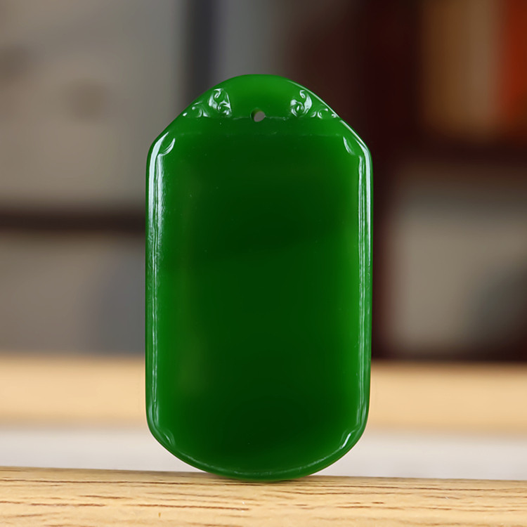 新品和田玉碧玉如意纹平安牌吊坠男女款菠菜绿玉石项链挂件挂坠