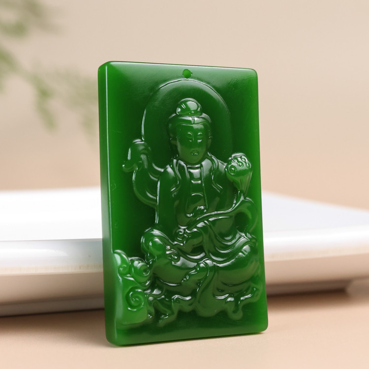 和田玉碧玉如意观音平安牌吊坠菠菜绿碧玉观音玉佛项链挂坠新疆