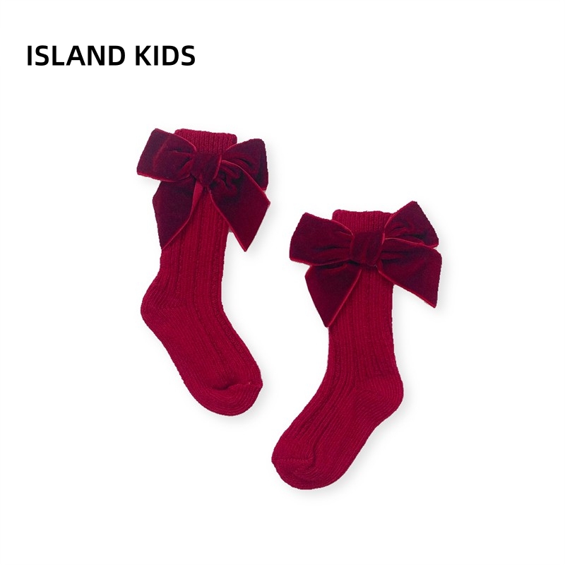红色丝绒蝴蝶结新年圣诞针中筒袜