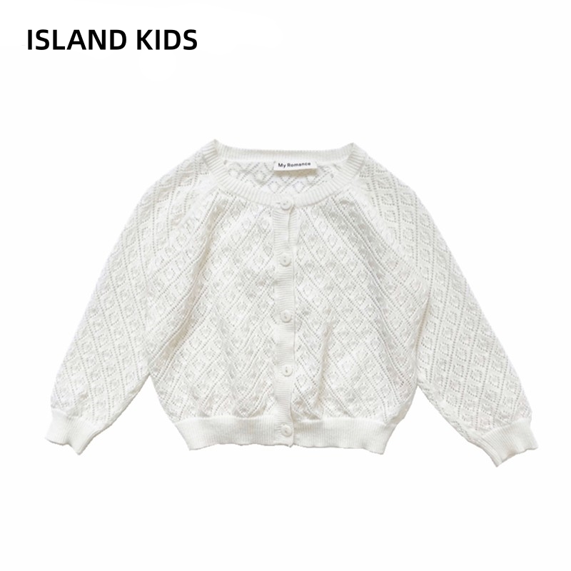 island | 女童ins纯棉白色针织开衫儿童春秋打镂空底衫圆领毛衣