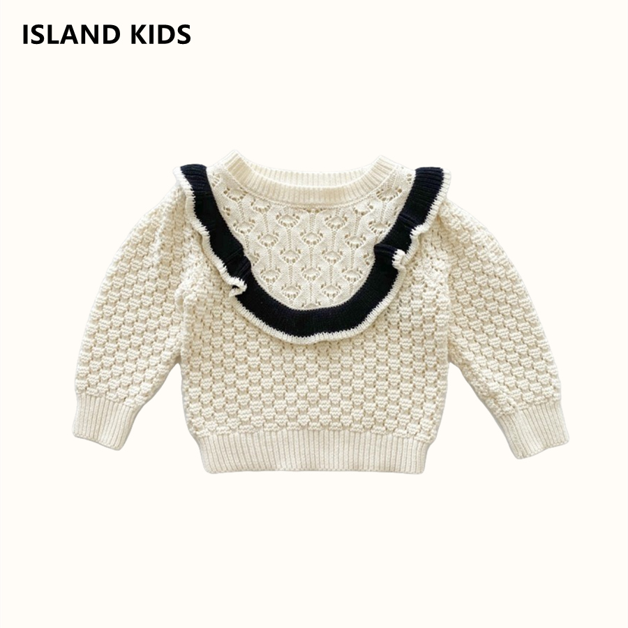 island |女童秋冬新款荷叶边针织镂空黑白拼接气质甜美套头毛衣