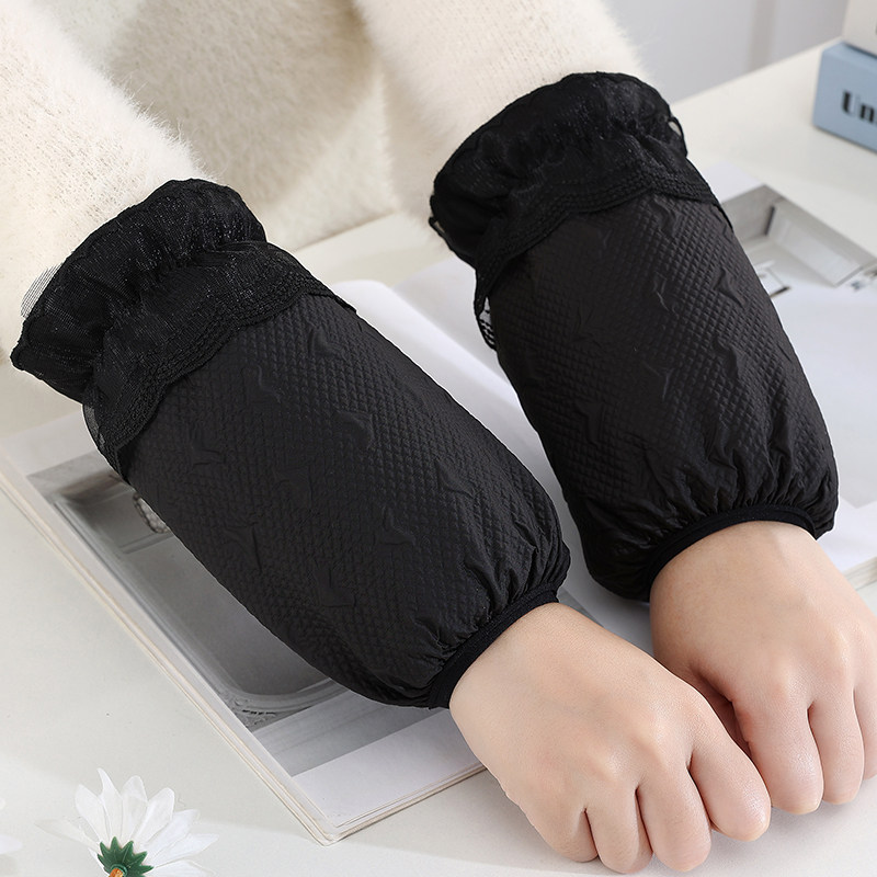 秋冬短款防污袖套女成人韩版简约蕾丝拼绒布家务工作羽绒服套袖头
