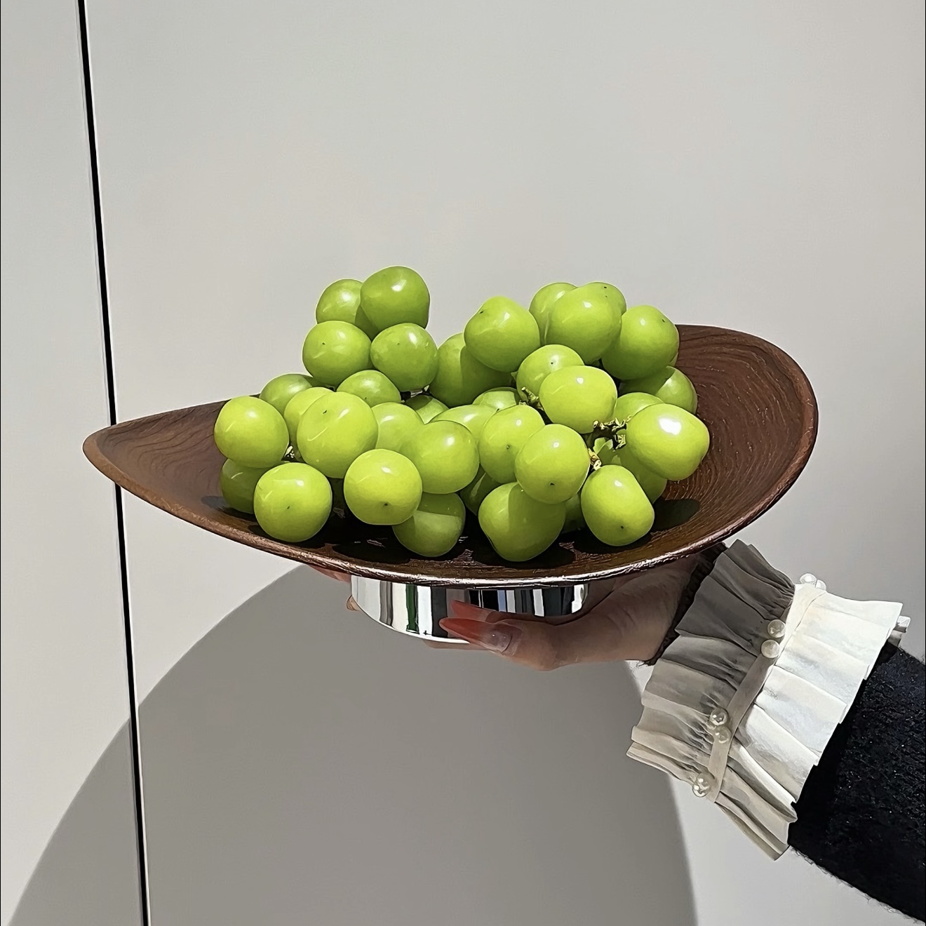 MOMO新中式仿木纹果盘可沥水客厅茶几高级感水果盘高脚托盘PH