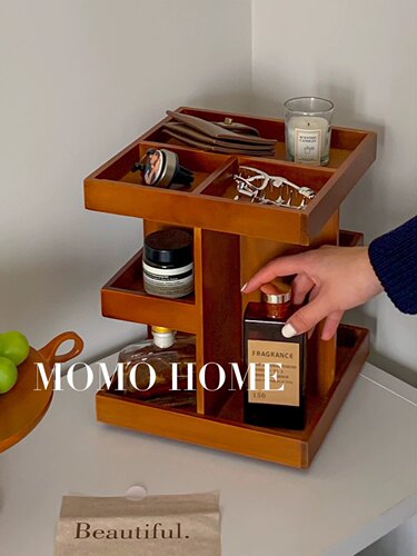 MOMO HOME家居实木复古桌面旋转多层化妆品收纳盒木质多层置物架