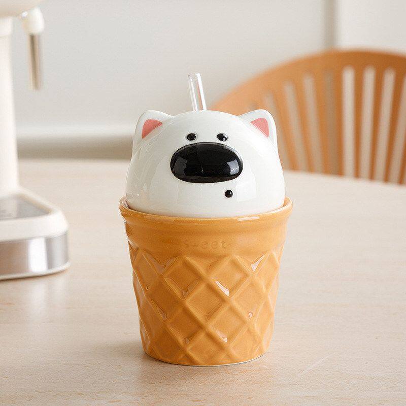 MOMO卡通小狗雪糕陶瓷吸管杯立体狗头带盖水杯可爱少女早餐