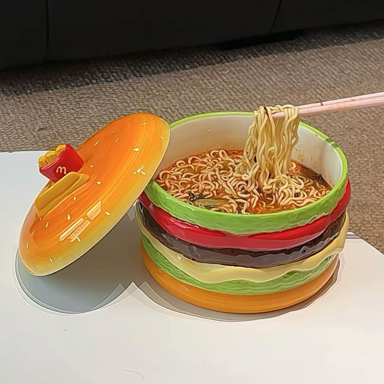 MOMO汉堡泡面碗创意宿舍学生带盖高颜值大容量汤碗螺蛳粉碗,餐饮具,泡面碗,淘宝优惠券,粉丝福利购,淘宝优惠卷