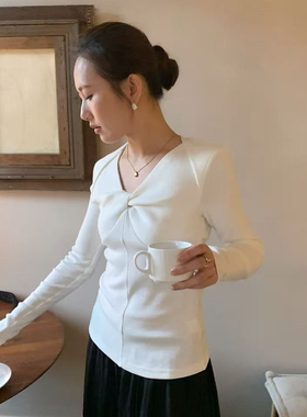 小风的买手小店MFIVE法式优雅V领修身抽褶针织衫42961