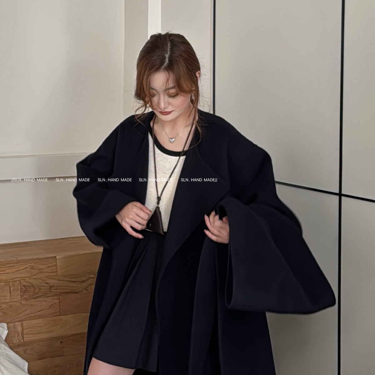 LN-上新韩系宽松侧开衩长款羊毛外套(配围巾)（含100羊毛）711616