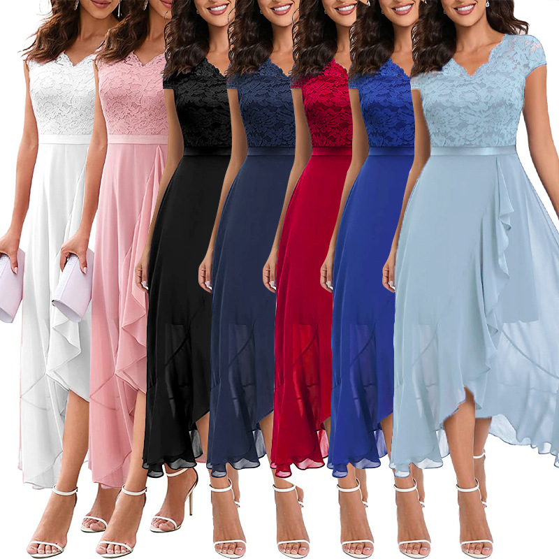 V-neck lace waist cinching jumpsuit long skirt收腰连衣长裙女