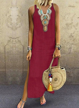 Printed Sleeveless V-Neck Side Slit Beach DressV领开叉连衣裙