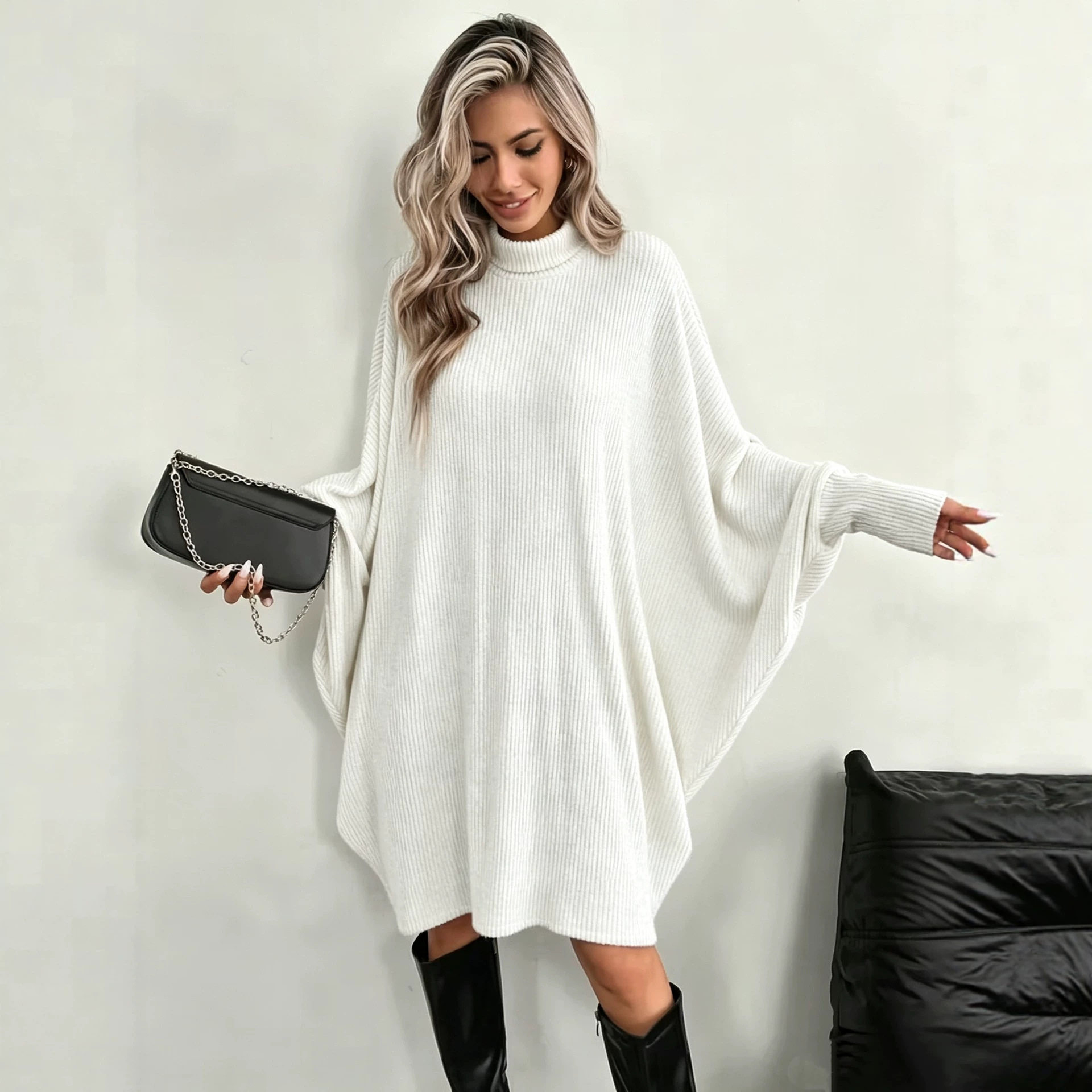 High neck bat long sleeved dress for women高领蝙蝠长袖连衣裙
