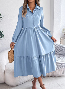 Flip collar casual ruffled shirt skirt翻领休闲荷叶边衬衫裙女