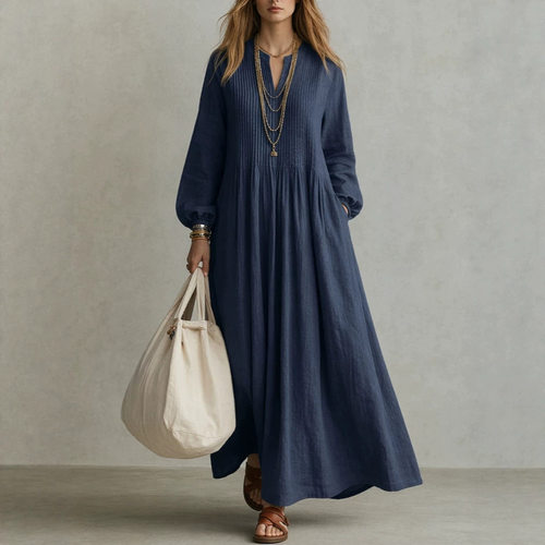 V-neck long sleeved pleated dress for womenV领长袖褶皱连衣裙