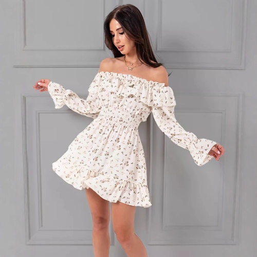一字肩荷叶边连衣裙女One shoulder lotus leafedgedressforwomen