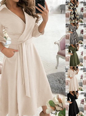 Long Sleeve V-Neck Printed Hip Dress Women'sV领印花连衣裙女