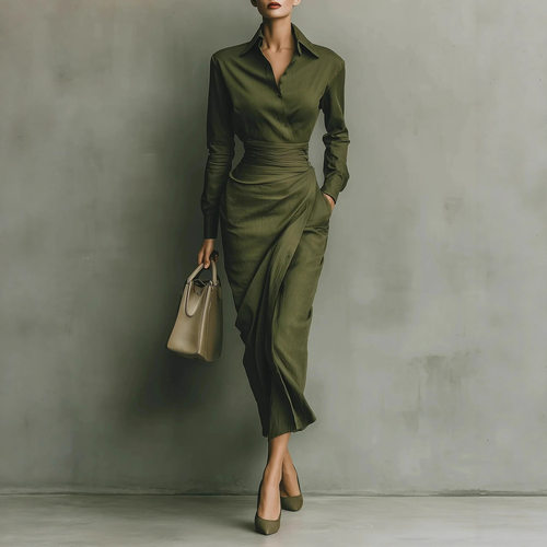 Asymmetric casual dress with lapel 翻领不对称休闲连衣裙女