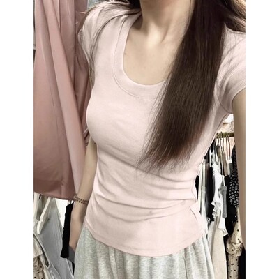 甜美U领辣妹风短袖女2026春夏修身bm正肩显瘦打底内搭上衣粉色T恤