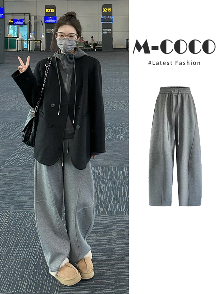 灰色休闲直筒阔腿运动裤女裤秋冬小个子加绒卫裤高腰哈伦香蕉裤子