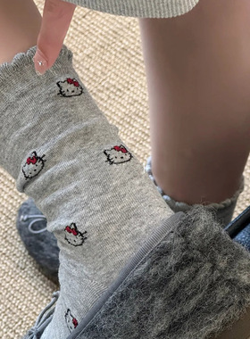 灰色kitty猫可爱袜子女百搭中筒春秋冬卡通ins潮花边白色堆堆长袜