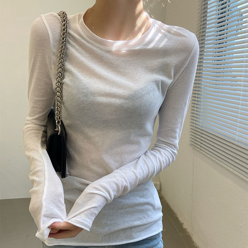 白色修身长袖t恤圆领打底衫女早秋新款2025面膜小衫爆款上衣薄款