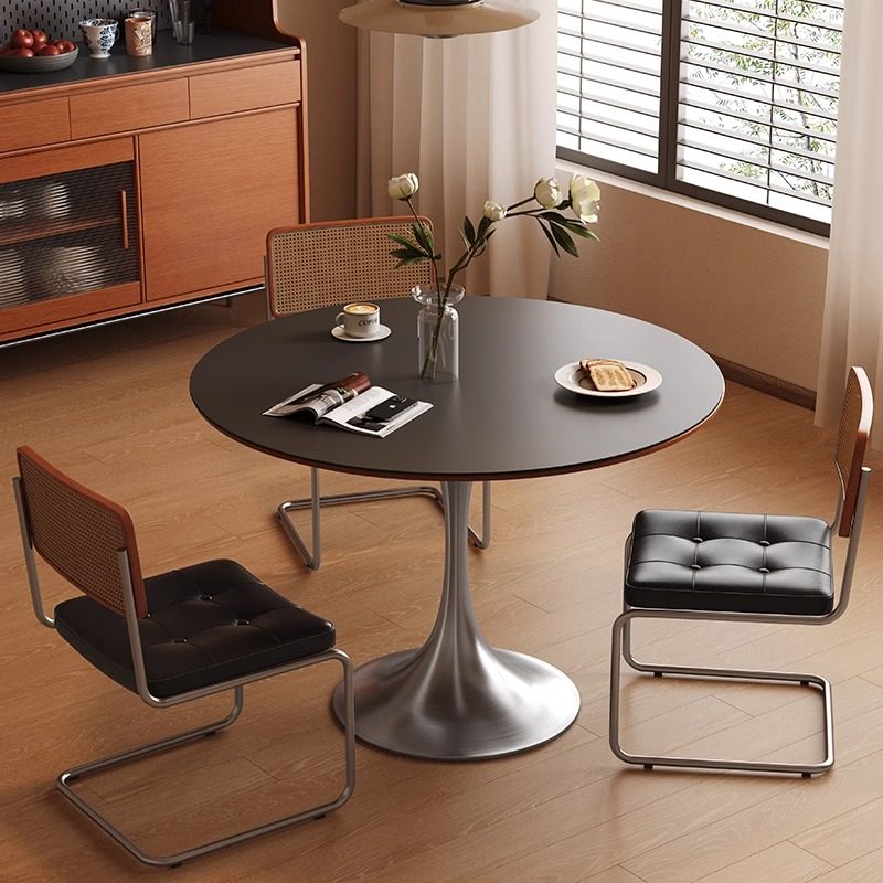 德利丰郁金香实木圆形岩板餐桌包豪斯黑色简约复古风小户型饭桌子