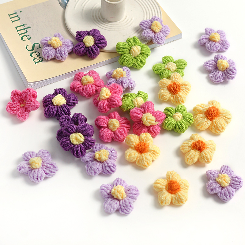 彩色针织毛线花泡芙花朵仿真花假花 diy手工空调管道包包发夹装饰