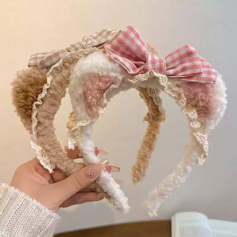 卡通蝴蝶结蕾丝边小熊发箍压发防滑洗脸头箍秋冬甜美发饰毛绒饰品