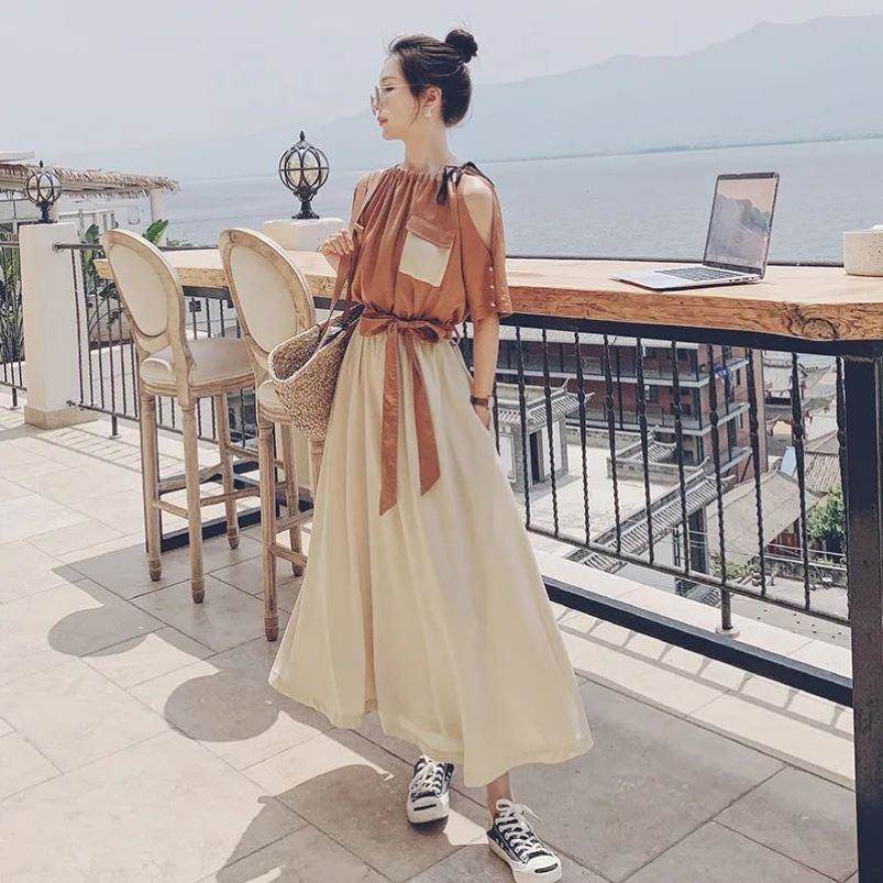 蓝色假两件洋装女2026夏