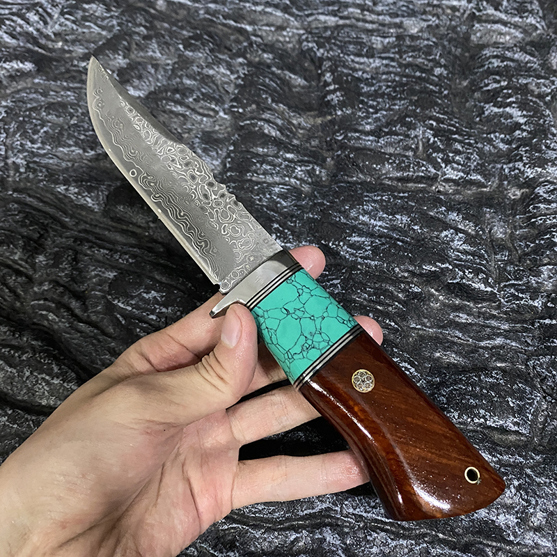 大马士革钢直刀高端实木收藏手工刀露营烧烤小刀剔骨刀家用水果刀