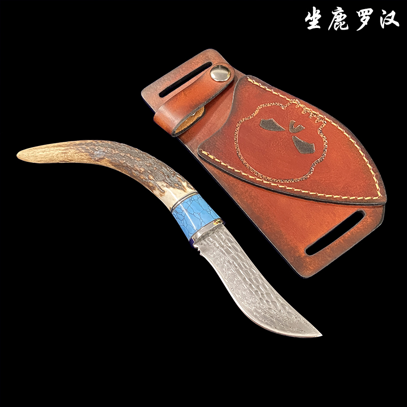 手工锻打大马士革钢高硬度锋利直刀精选鹿角手柄握感舒适果蔬刀