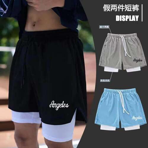 港风夏季男生运动短裤假两件不过膝宽松训练休闲篮球裤韩版短裤