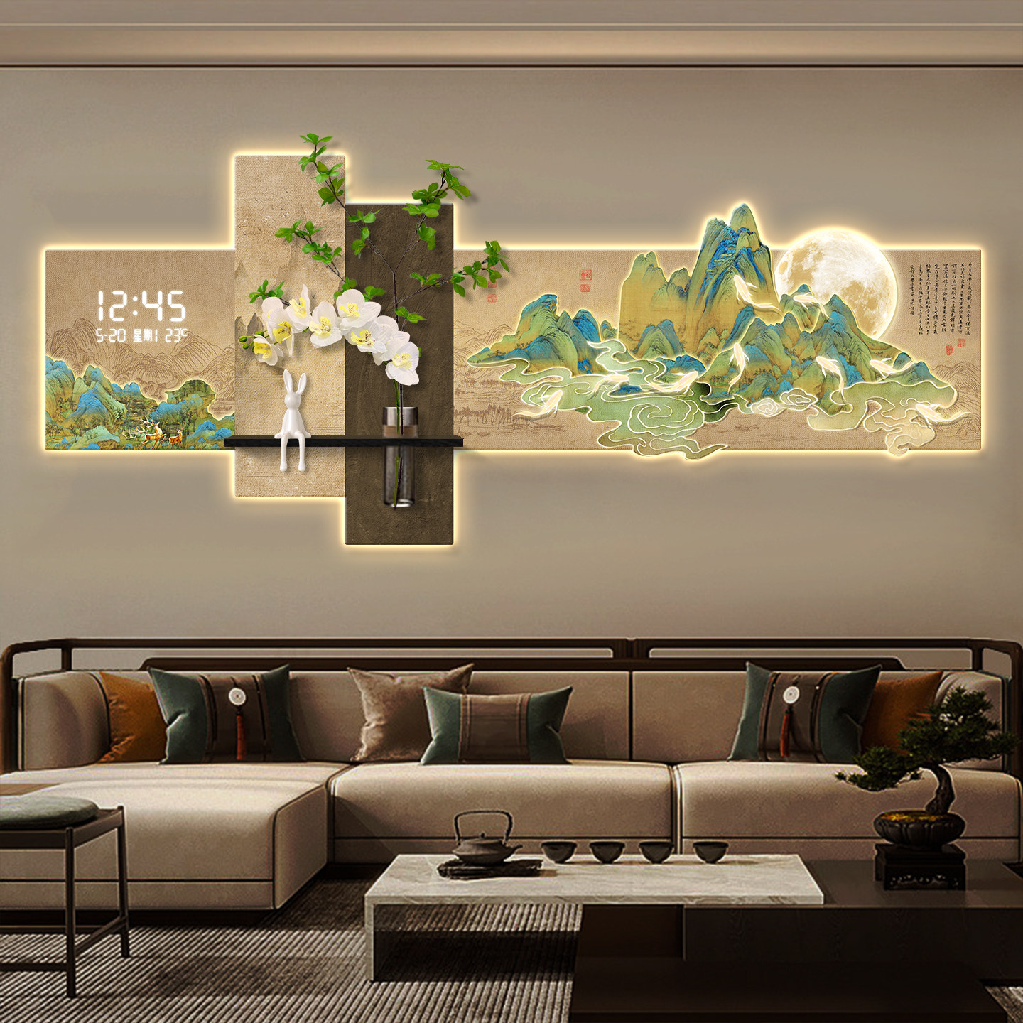 千里江山图客厅装饰画万年历电子钟表挂画新中式茶室背景墙壁灯画