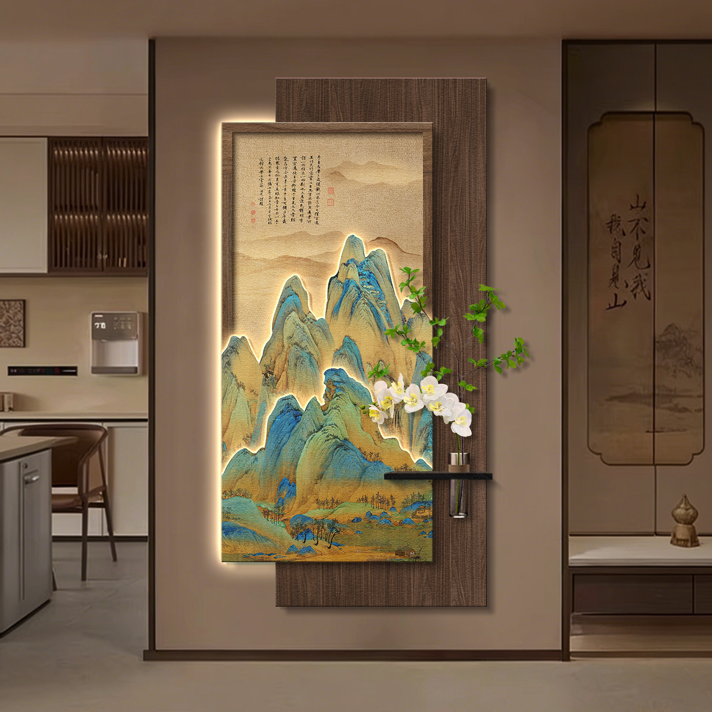 千里江山图入户玄关装饰画水培绿植砂岩画宋代美学过道走廊壁灯画