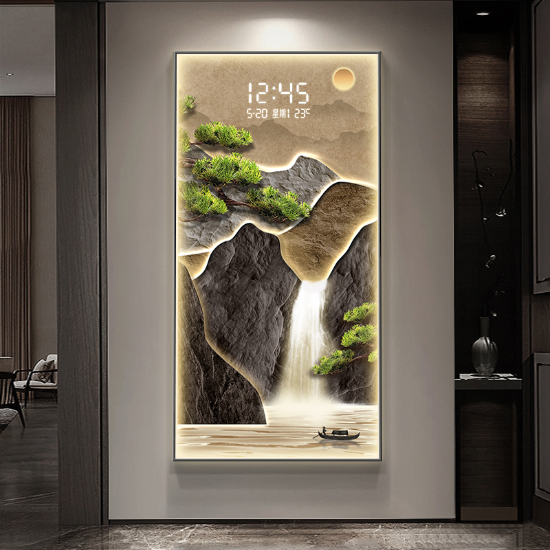 流水生财玄关装饰画电子屏钟表创意时钟壁灯入户走廊尽头山水挂画图片