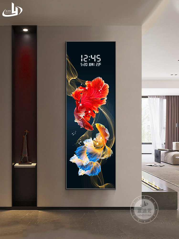 孔雀鱼玄关装饰画电子屏钟表客厅过道走廊挂画竖版锦鲤时钟壁灯画
