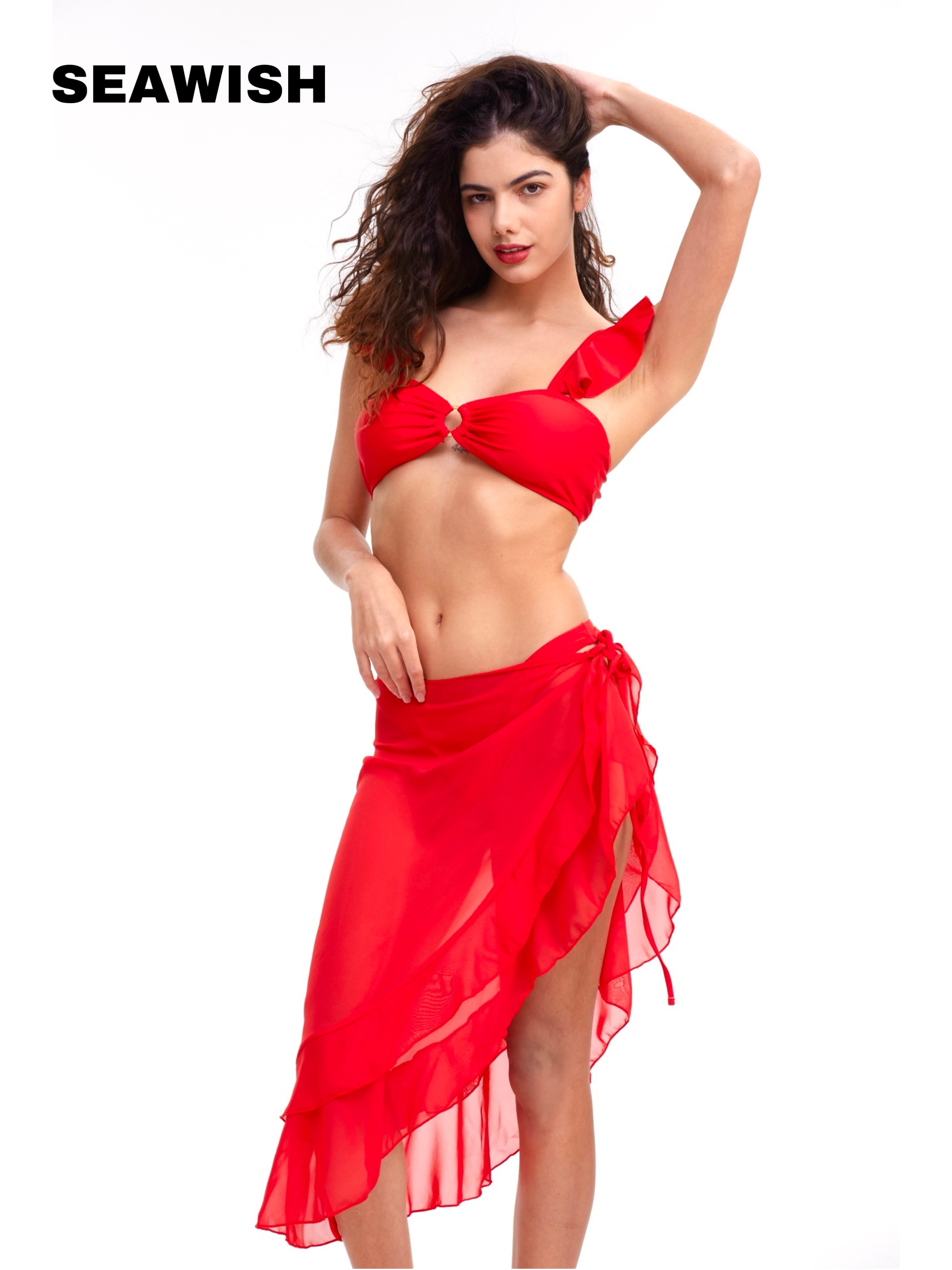 明艳热辣红色风情辣妹泳衣三件套