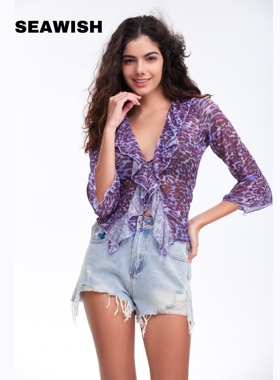 野性浪漫紫色豹纹罩衫 甜美荷叶边弹力网纱性感海岛度假辣妹上衣