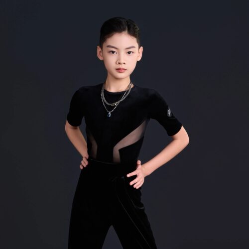 男孩少年儿童拉丁舞短袖网纱拼接修身款丝绒日常训练款练功服上衣