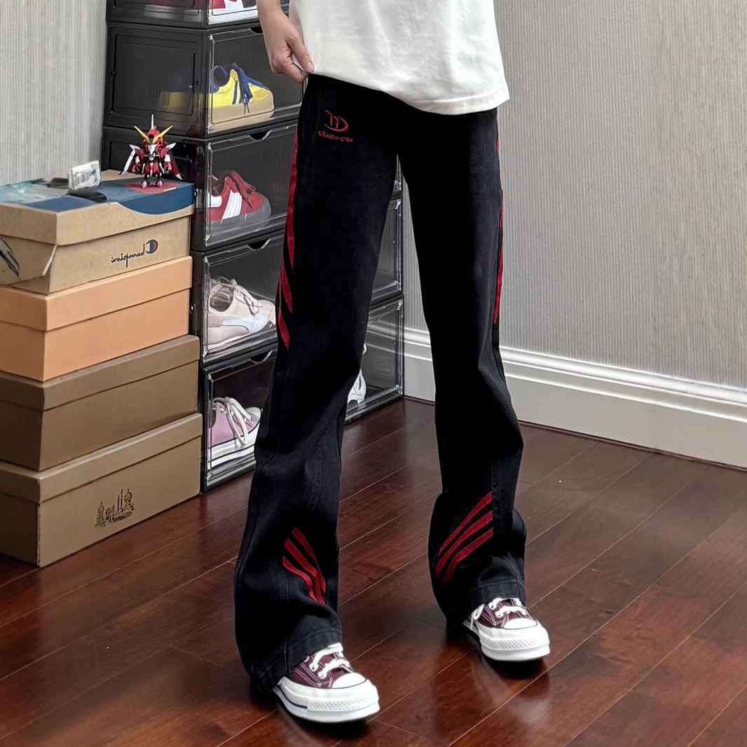 三条杠拼接黑色牛仔裤男夏季美式复古cleanfit裤子显瘦直筒微喇裤