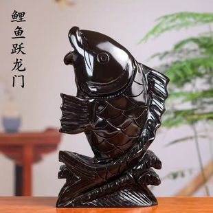 黑曜石鲤鱼跃龙门跳龙门墨玉锦鲤金龙鱼玉石年年有鱼玄关家居摆件