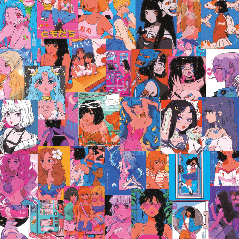 50张日系复古元气少女卡通动漫贴纸ipad手机吉他电脑装饰防水贴画