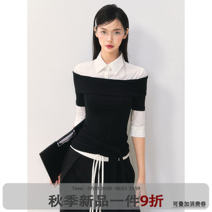 外套拼接一字肩t恤綁帶韓版 ANNA CUTE 學(xué)院風(fēng)襯衫 假兩件上衣